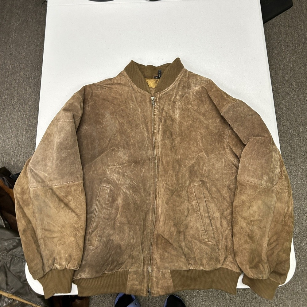 Vintage Suede Bomber Jacket Mens M Brown Distressed Full Zip Ribbed Trim